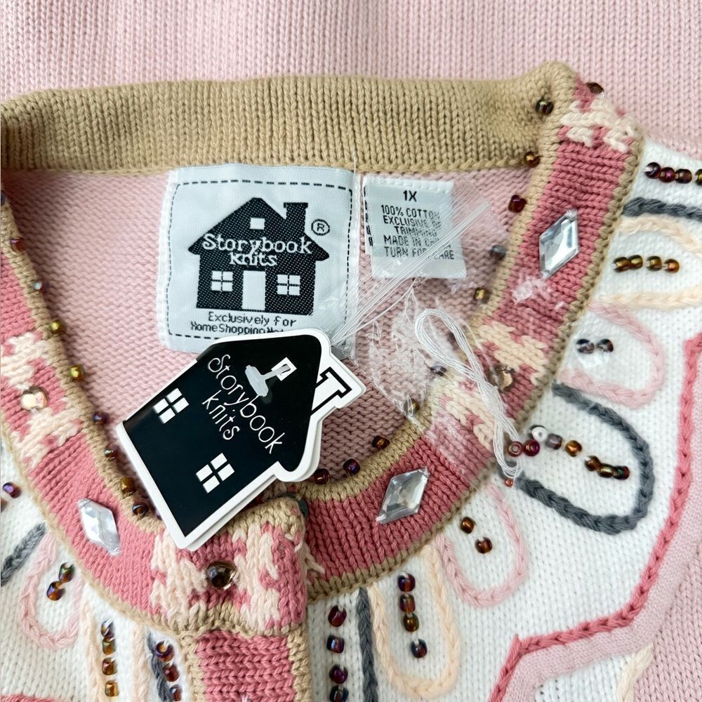 NWT Storybook Knits Cats Design Cardigan Pink Beaded Cotton size 1X Vintage - Picture 13 of 16